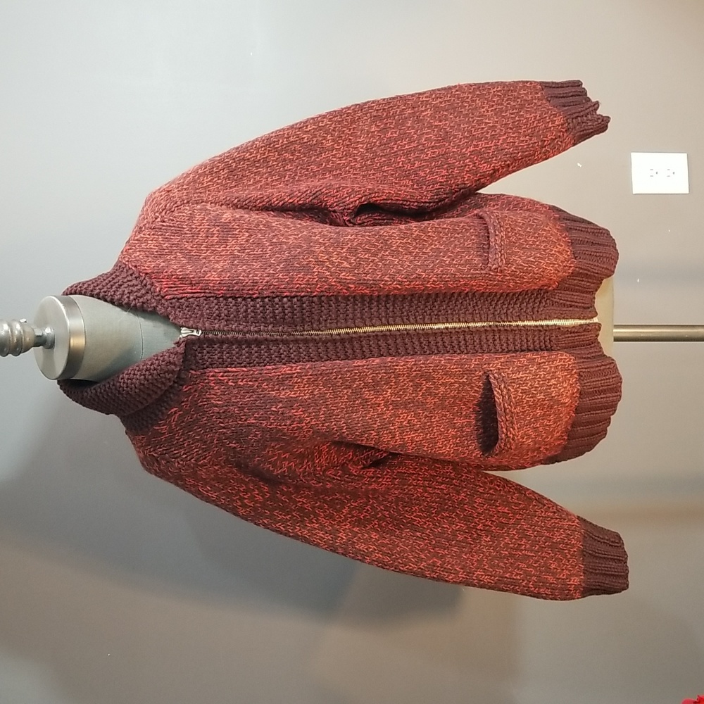 Wool varigated brown and orange cardigan.  Zippered.  Hand knit vintage.  Thick